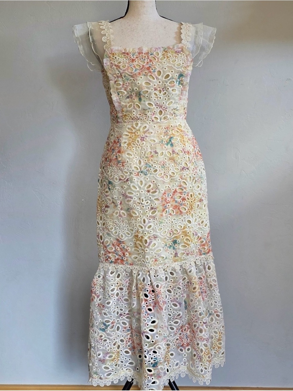 Petal & Pup Cream Floral Eyelet Maxi Dress with Lace Straps - Picture 2 of 4